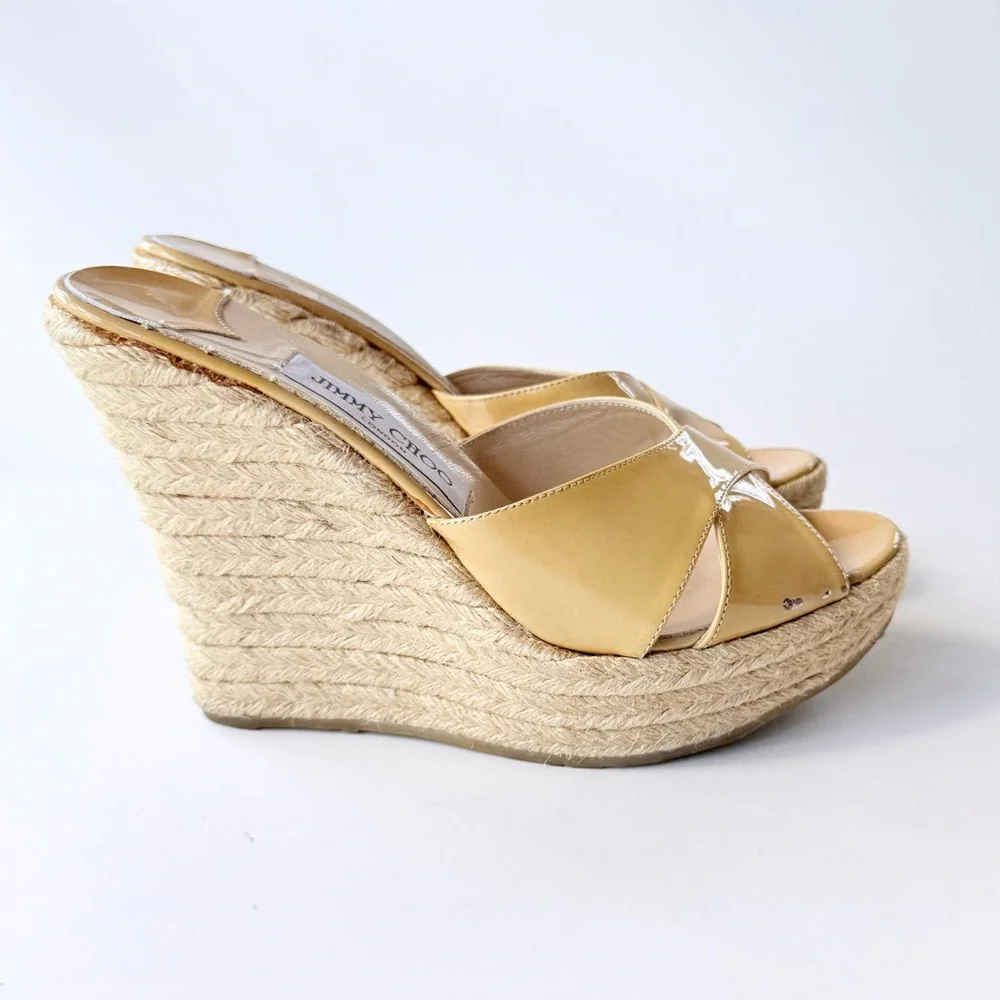 Jimmy Choo Patent Leather Espadrille Wedge Sandals Tan Camel 39